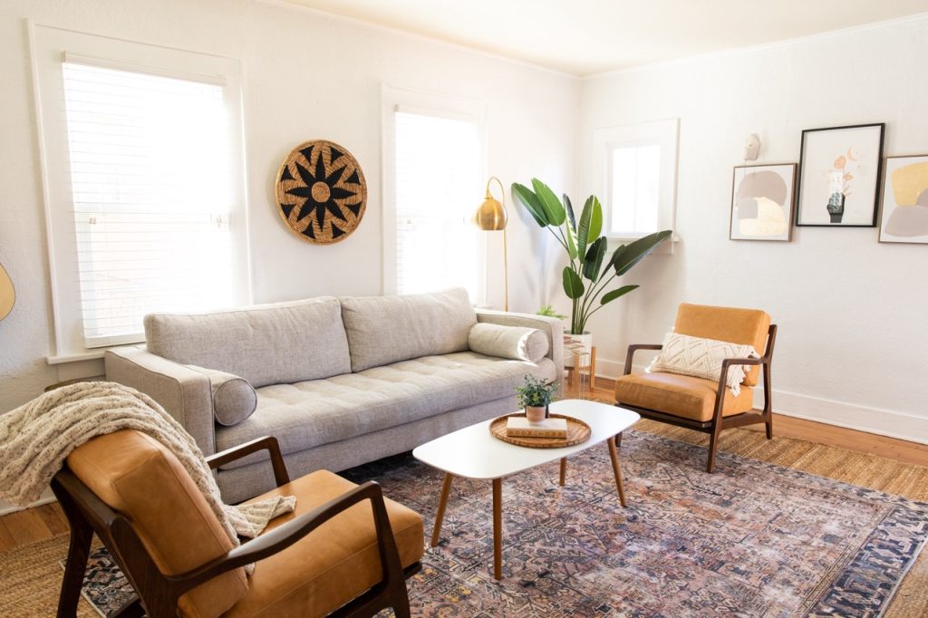 The living room of our Airbnb with eye-catching furnishings and decor.