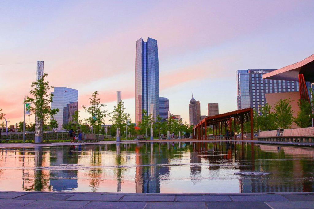 View of downtown Oklahoma City at sunset from Scissortail Park.