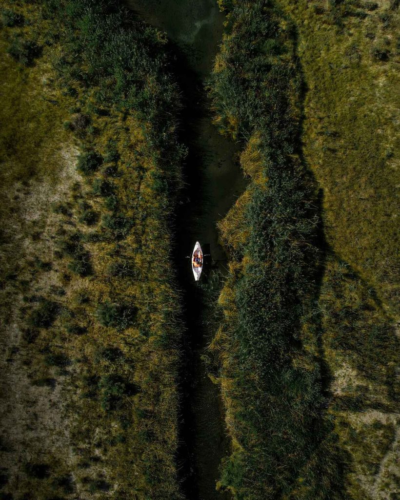 Aerial view of a kayak floating down the river surrounded by trees.