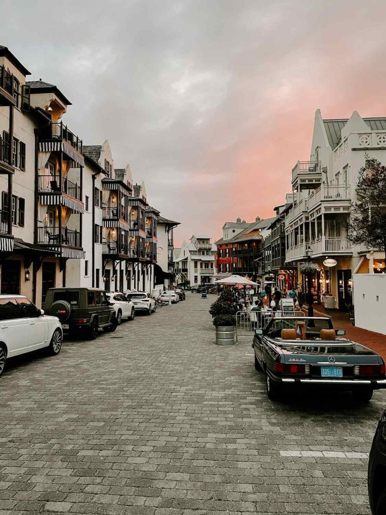 Downtown streets of Rosemary Beach as the sun sets.