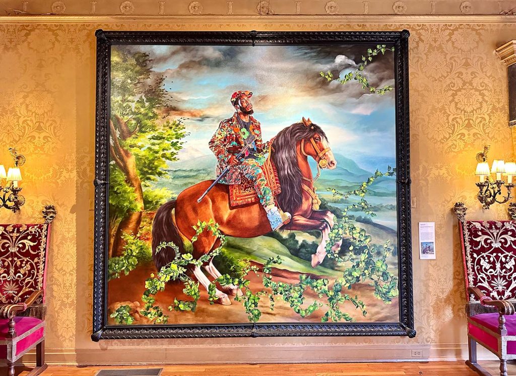 A large piece of artwork showcased at the Philbrook Museum of Art.