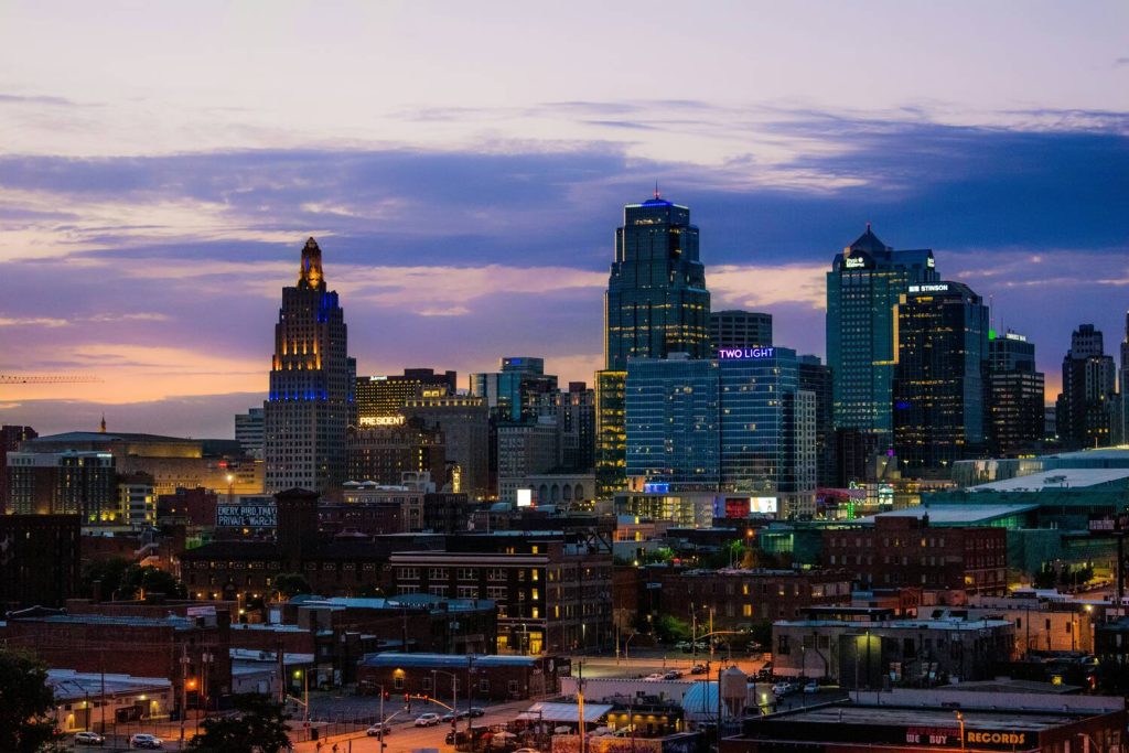 Downtown Kansas City skyline at dusk.