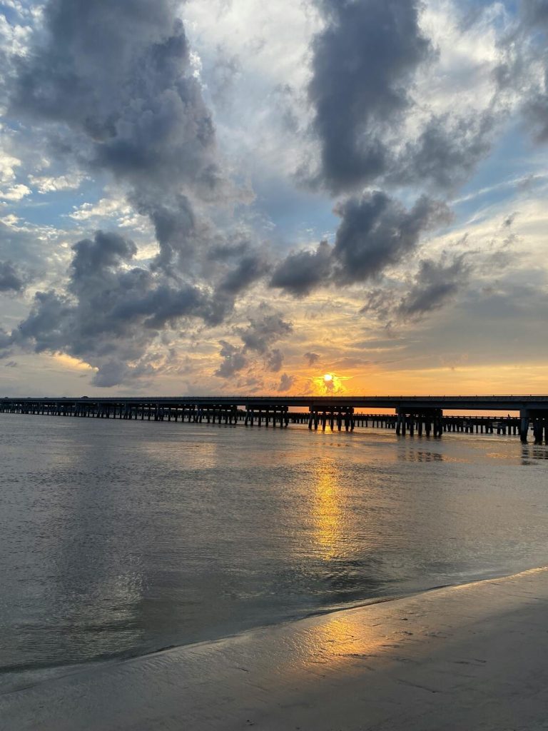 Fernandina beach on Amelia Island with the sun setting.