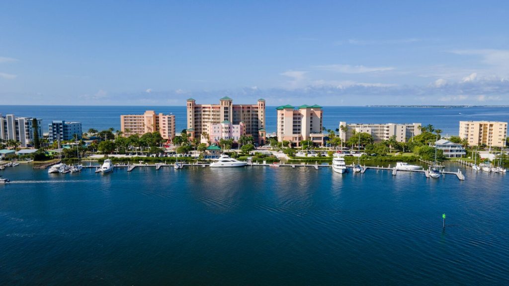 View from the water of Pink Shell Beach Resort in Fort Myers.