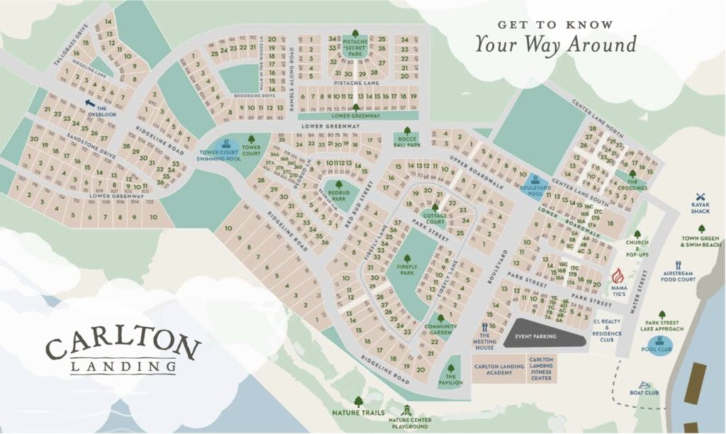 A map of Carlton Landing featuring street names and special locations.