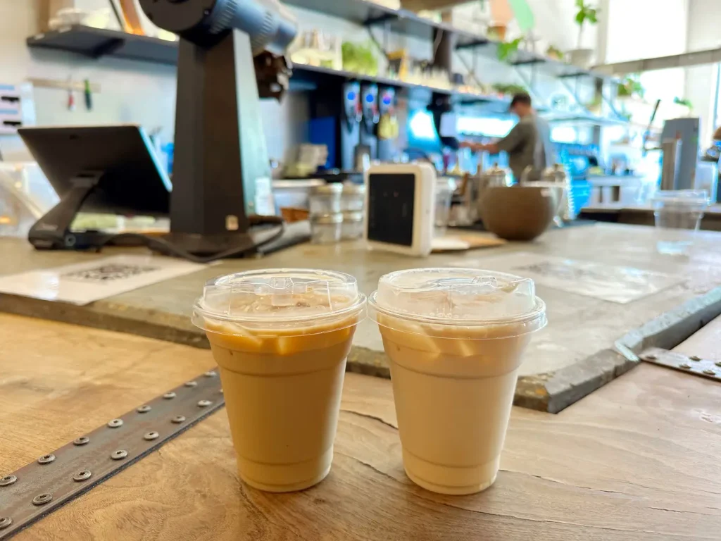 Two cups of coffee in a coffee shop