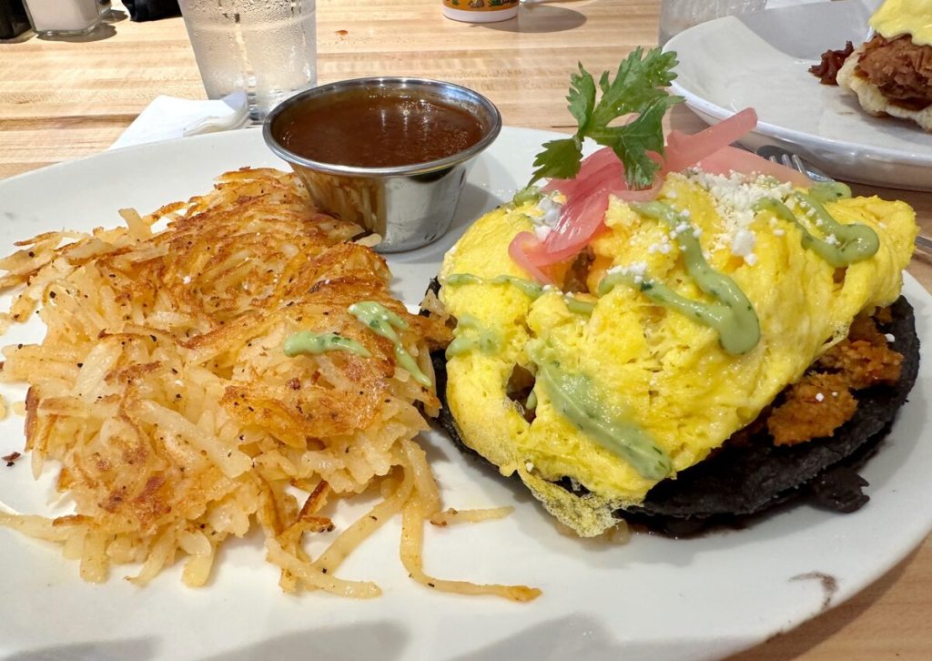 Blue corn huevos rancheros and hashbrowns from Urban Egg in downtown Colorado Springs.