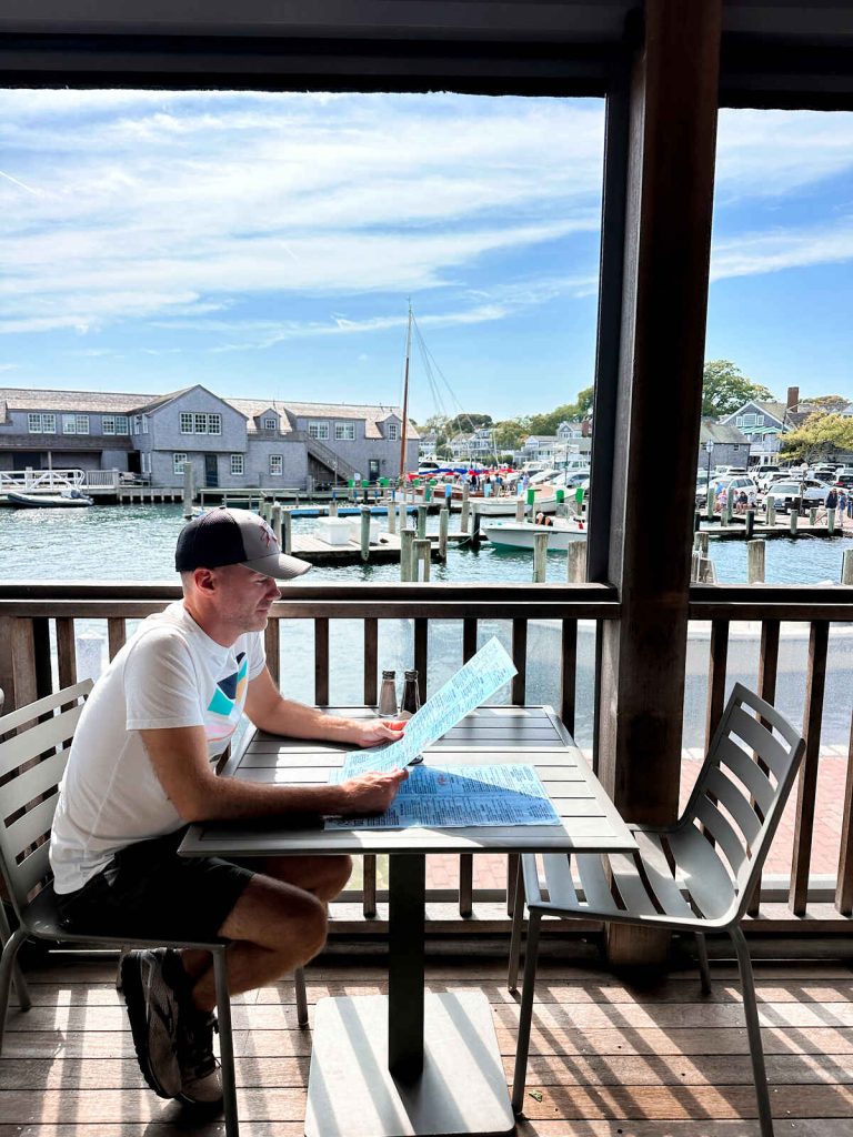 My husband enjoying outdoor dining at The Seafood Shanty in Edgartown.