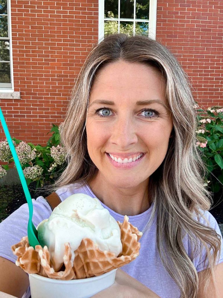 Me with a delicious ice cream waffle cone bowl from The Juice Bar in Nantucket.