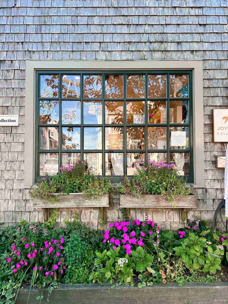 Window front with flowers in downtown Nantucket.