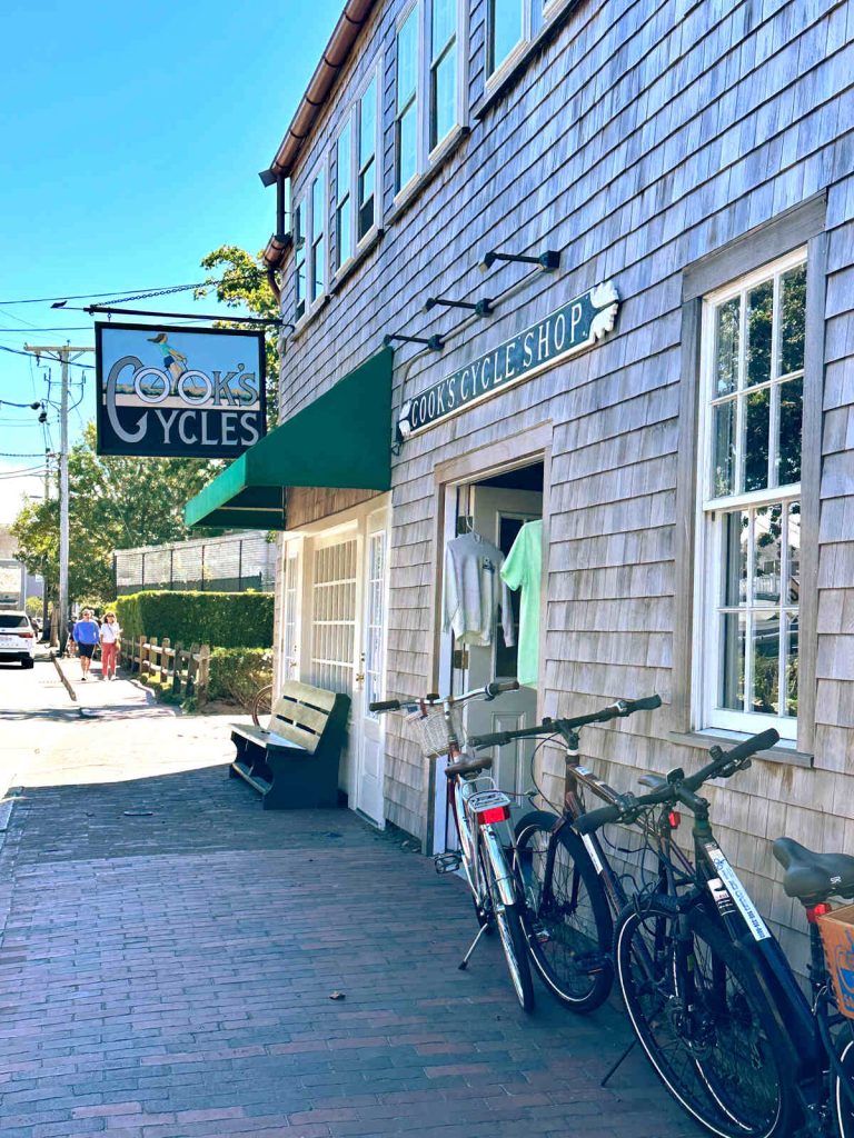 The outside of Cooks Cycles, a bicycle rental company in Nantucket.