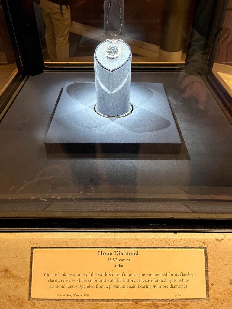 The Hope Diamond on display in the Hall of Gems and Minerals in the Museum of Natural History.