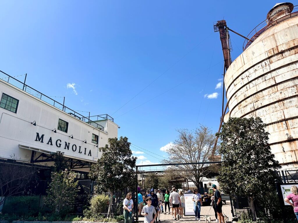 The entrance to the Magnolia Silos with the silos on the right and Magnolia Market on the left. This is a great spot for a photo when you first enter.