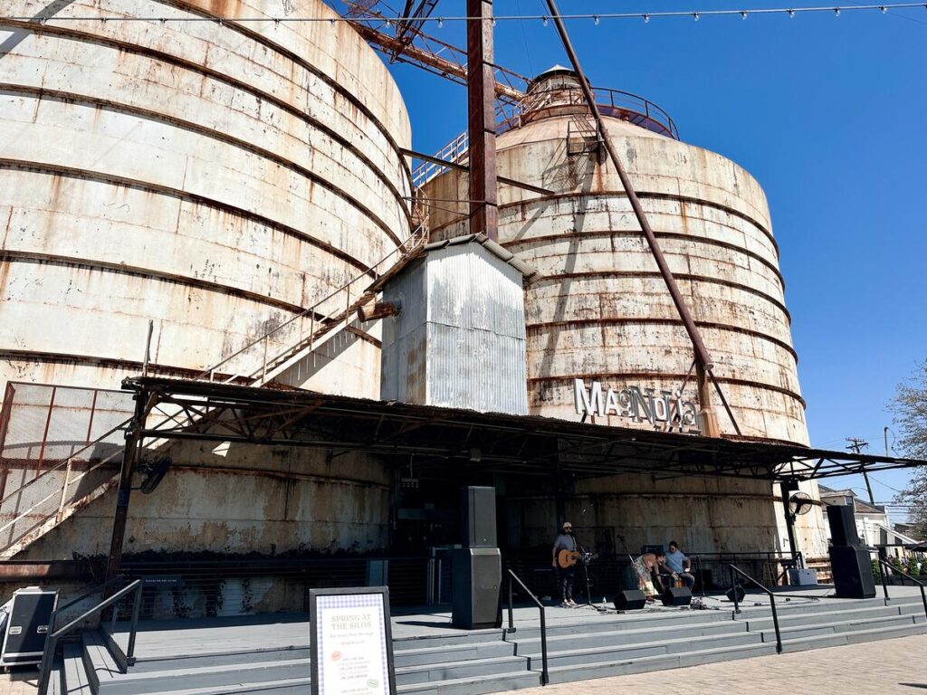The stage located right in front of the Silos where there is often live music played.