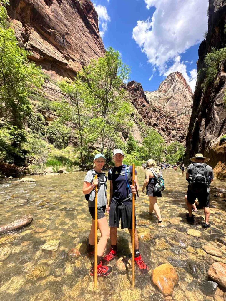 My husband and I standing together in the Virgin River at the start of the Narrows.