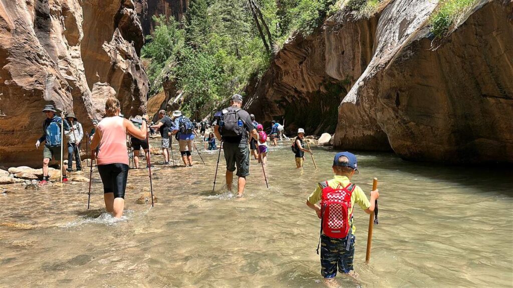 My son hiking through the Narrows using a walking stick for balance.