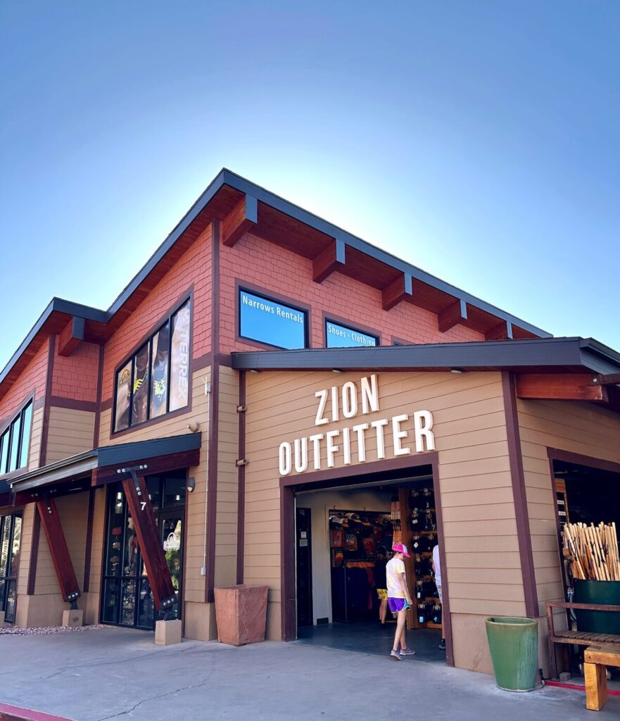 The entrance to Zion Outfitters. This is a great spot to rent boots, socks, walking sticks, and waterproof bibs. It is located right by the Zion Visitors Center and Zion shuttle.