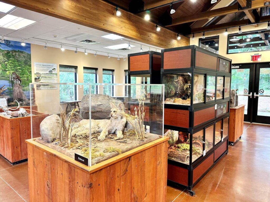 The inside of the Beaver's Bend State Park Nature Center with a variety of animals in cages and craft activites for kids.