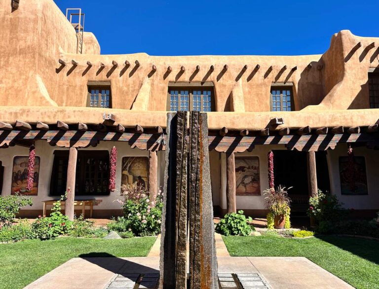A beautiful water fountain in the center of the courtyard at the New Mexico Museum of Art.