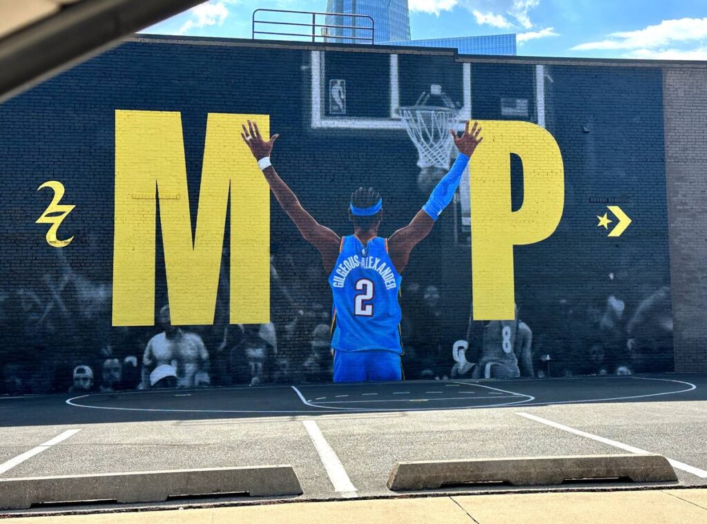 A mural in downtown Oklahoma City of the Shai Gilgeous-Alexander, the star basketball player of the Oklahoma City Thunder.
