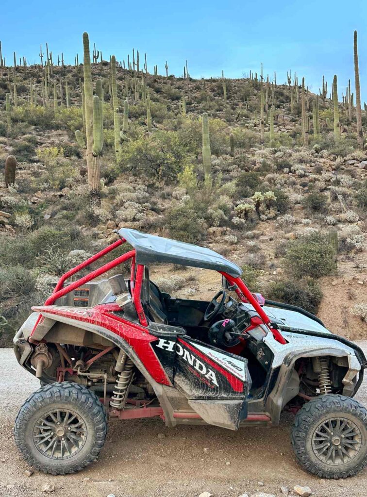 A red and black 2-person ATV sitting in front of a cactus-covered hill in the Sonoran Desert.