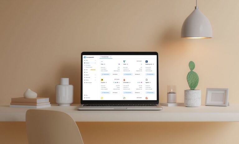A laptop computer sitting on a beautifully styled white desk, with the Travelpayouts dashboard showing.